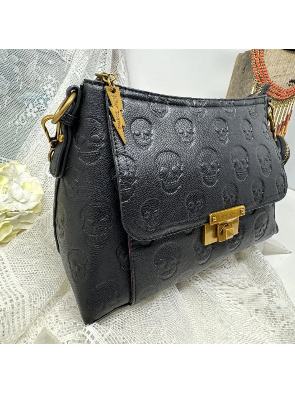Betsey Johnson Skull Boss Satchel Black Gold Trim Top Handle